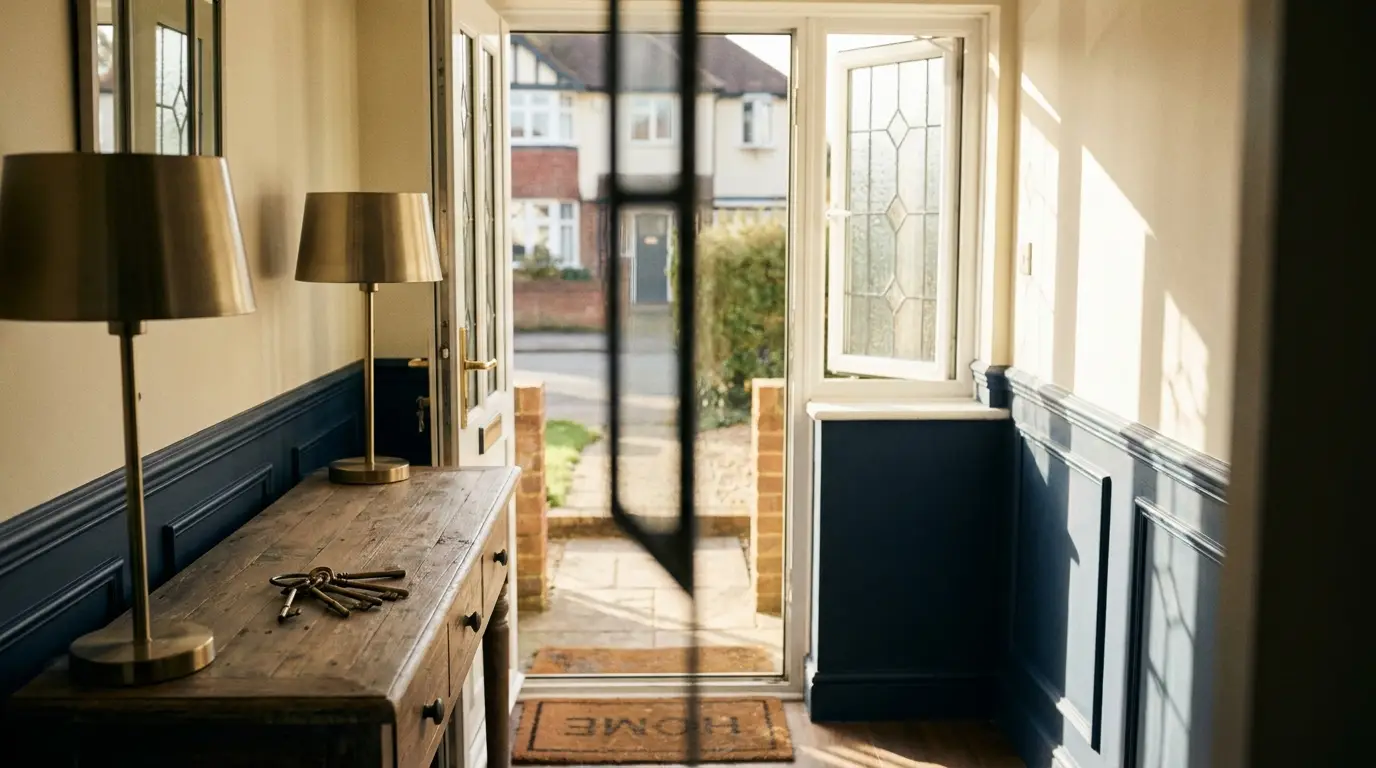 A welcoming home front door with keys on a console table